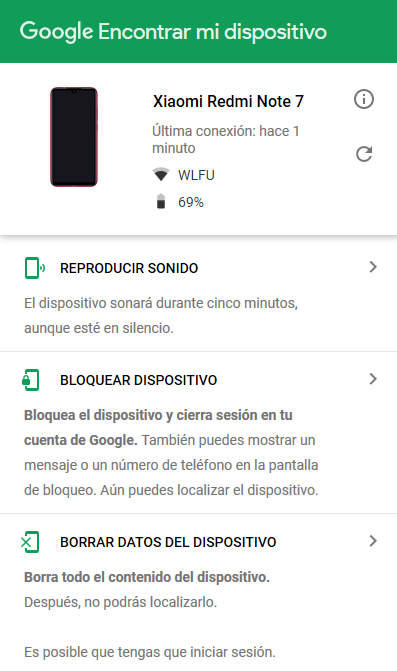 Captura de pantalla Google Encontrar mi dispositivo